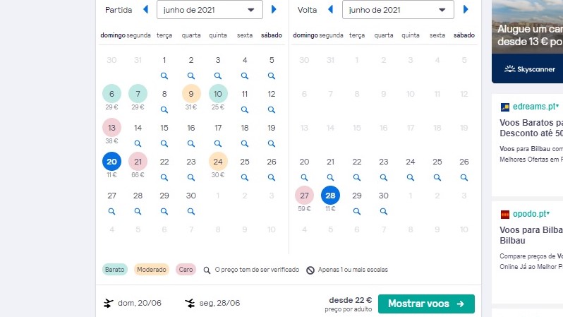 Calendário do Skyscanner