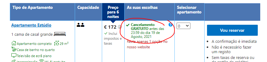 Confirmar prazos de Cancelamento gratuito no Booking