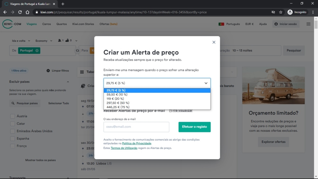 Ativar alertas de preço na Kiwi