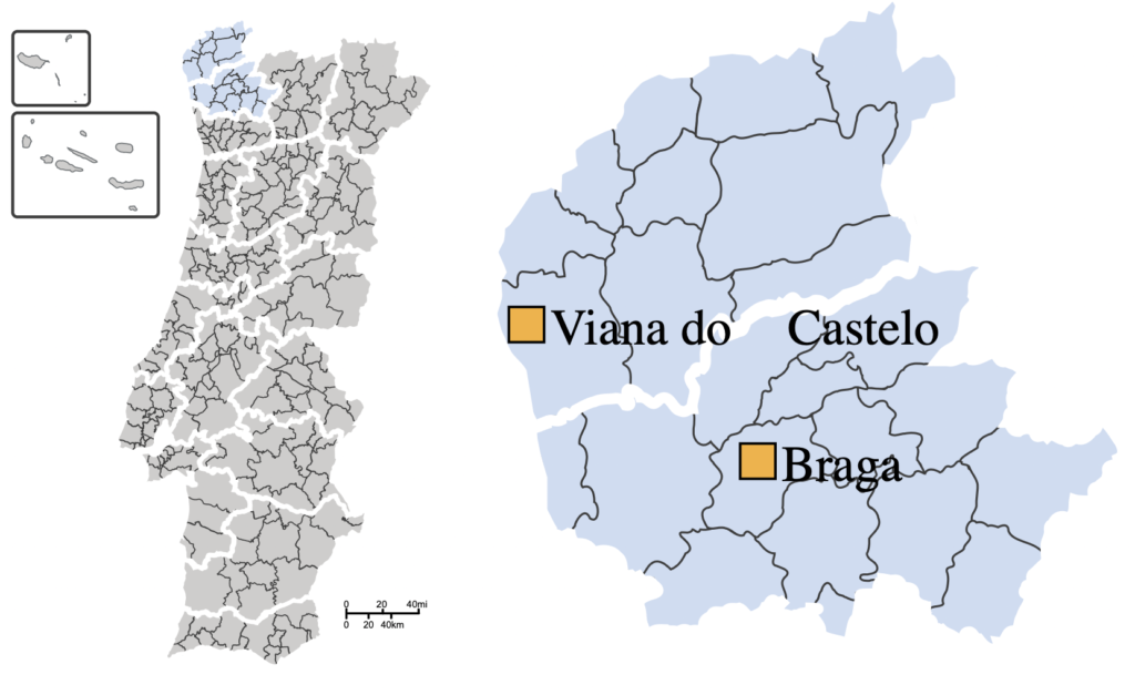 Mapa do Minho, no Norte de Portugal