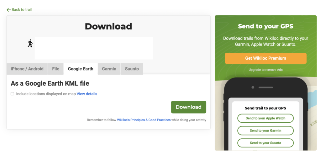 Menu de Download gratuito no wikiloc