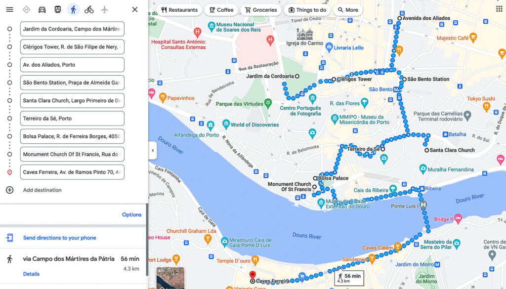 Mapa do Roteiro para visitar o Porto em 1 dia